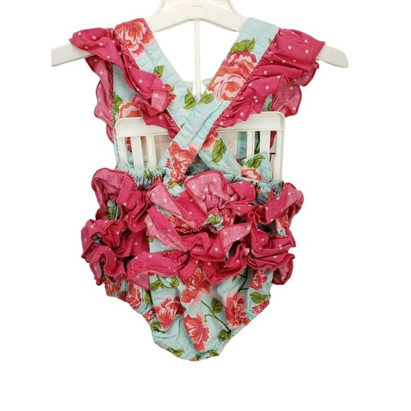 Serendipity Clothing Co. Bubble Romper Bow Pink Flowers Ruffles Polka Dots 12 Mt - Picture 2 of 11